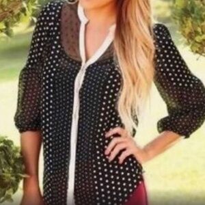 LC Lauren Conrad Black Polka Dot V-Neck ButtonUp Retro Blouse Size XS 3/4 Sleeve
